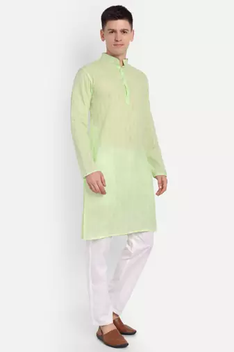 Light Green Cotton Printed Full Sleeves Kurta For Men