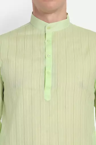 Light Green Cotton Printed Full Sleeves Kurta For Men