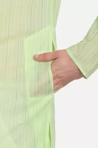 Light Green Cotton Printed Full Sleeves Kurta For Men