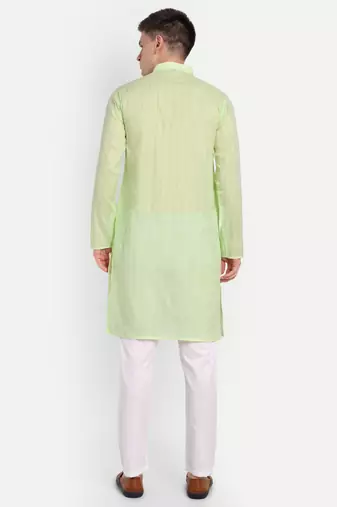 Light Green Cotton Printed Full Sleeves Kurta For Men