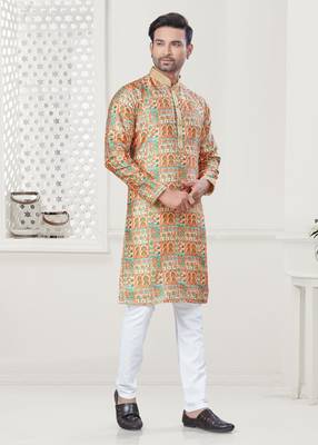 Yellow silk with digital printed kurta payjama for mens wear 1