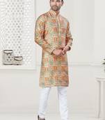 Yellow silk with digital printed kurta payjama for mens wear