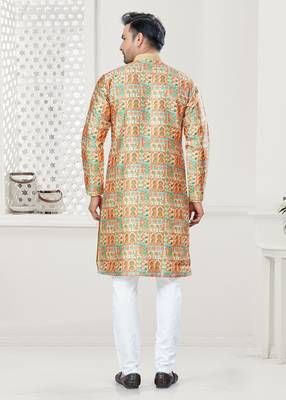 Yellow silk with digital printed kurta payjama for mens wear 2