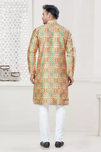 Yellow silk with digital printed kurta payjama for mens wear