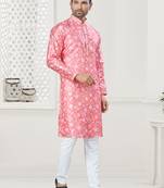 Pink silk with digital printed kurta payjama for mens wear