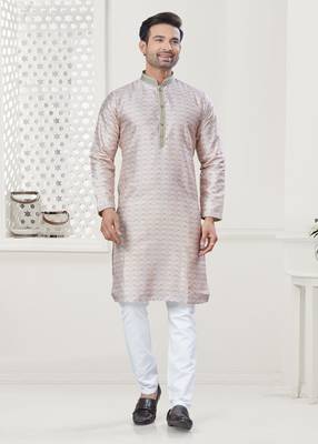 Grey silk with digital printed kurta payjama for mens wear 1