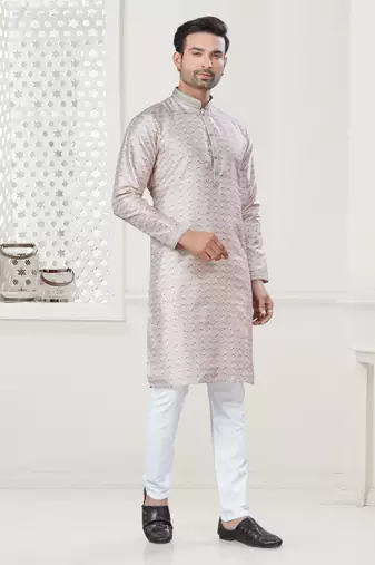 Grey silk with digital printed kurta payjama for mens wear