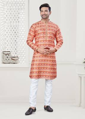 Orange silk with digital printed kurta payjama for mens wear 1