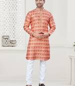 Orange silk with digital printed kurta payjama for mens wear