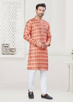 Orange silk with digital printed kurta payjama for mens wear 2