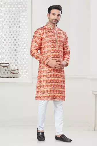 Orange silk with digital printed kurta payjama for mens wear