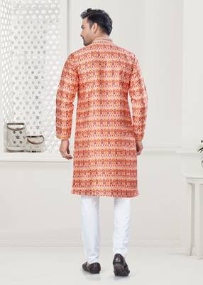 Orange silk with digital printed kurta payjama for mens wear 3