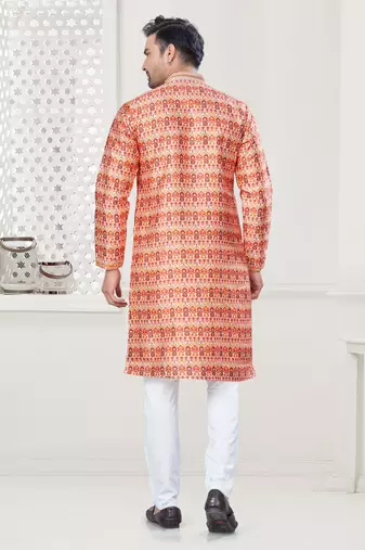 Orange silk with digital printed kurta payjama for mens wear