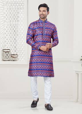 Purple silk with digital printed kurta payjama for mens wear 1