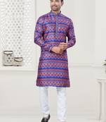Purple silk with digital printed kurta payjama for mens wear