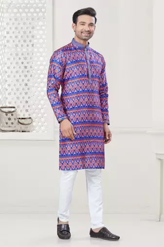 Purple silk with digital printed kurta payjama for mens wear
