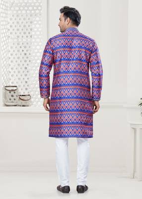 Purple silk with digital printed kurta payjama for mens wear 3