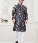 Dark blue silk with digital printed kurta payjama for mens wear