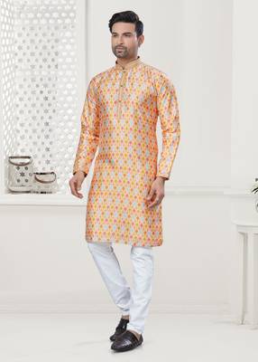 Yellow silk with digital printed kurta payjama for mens wear 1