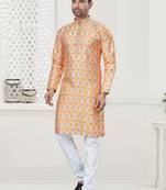 Yellow silk with digital printed kurta payjama for mens wear