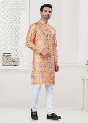 Yellow silk with digital printed kurta payjama for mens wear 2