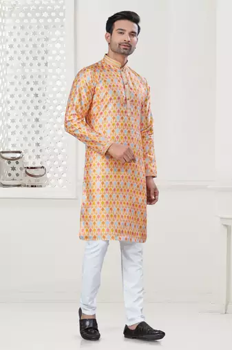 Yellow silk with digital printed kurta payjama for mens wear