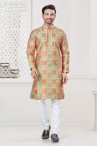 Yellow silk with digital printed kurta payjama for mens wear