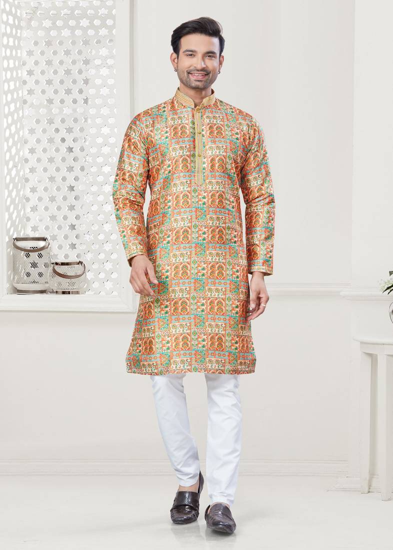 Yellow silk with digital printed kurta payjama for mens wear
