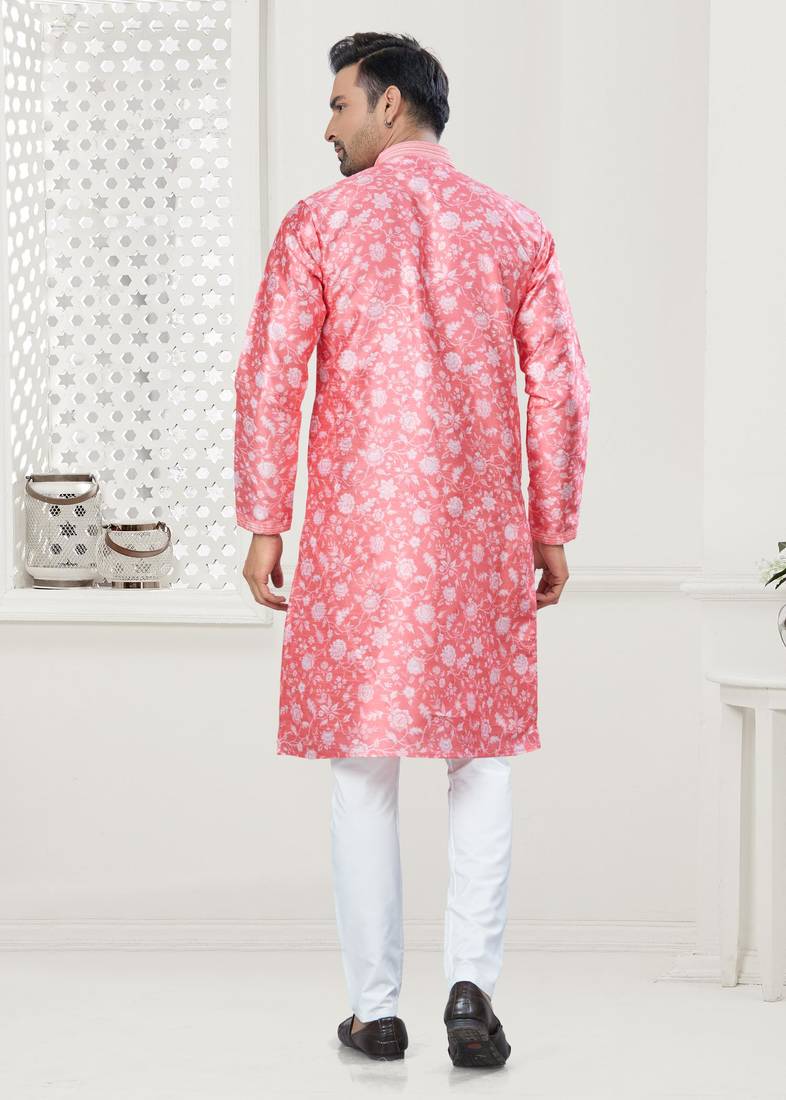 Pink silk with digital printed kurta payjama for mens wear