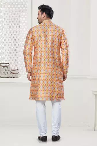 Yellow silk with digital printed kurta payjama for mens wear