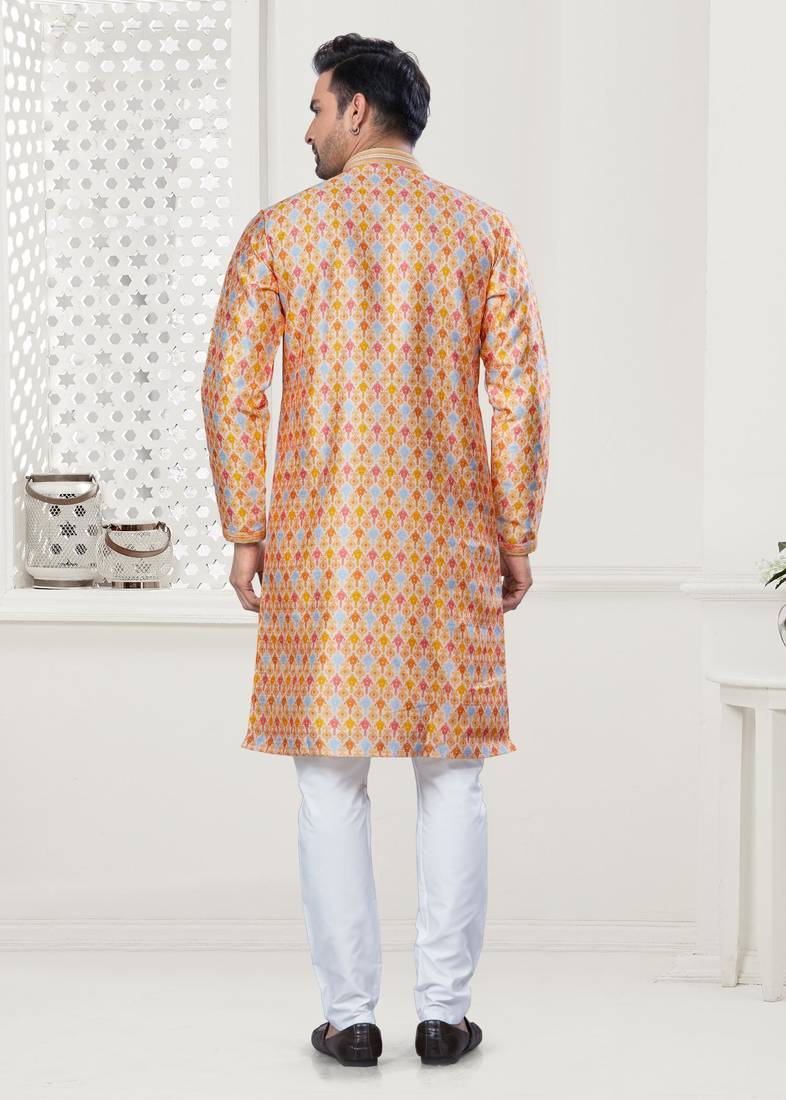 Yellow silk with digital printed kurta payjama for mens wear