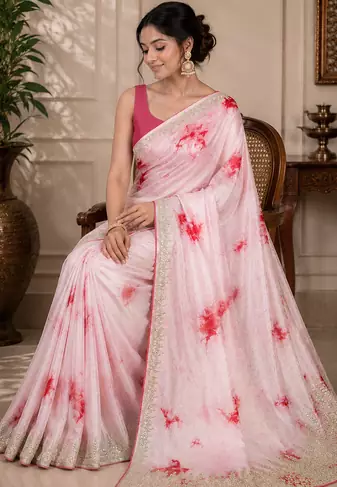 Pink Marble Dye Saree With Gota patti Work and Blouse
