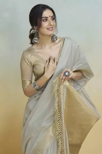Off-white  khadi silk blend saree with tussle 