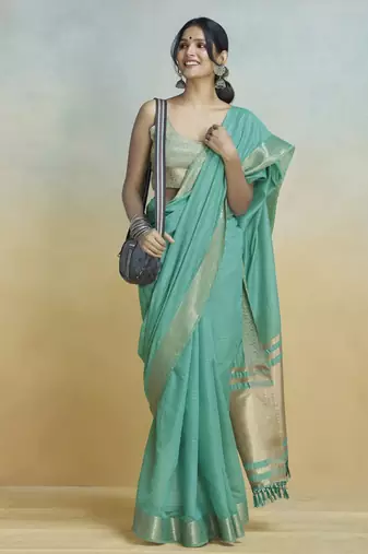 Tourquise khadi silk blend saree with tussle 