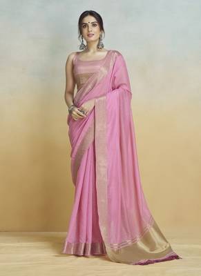 Pink  khadi silk blend saree with tussle  1