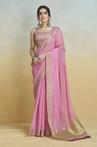 Pink  khadi silk blend saree with tussle 