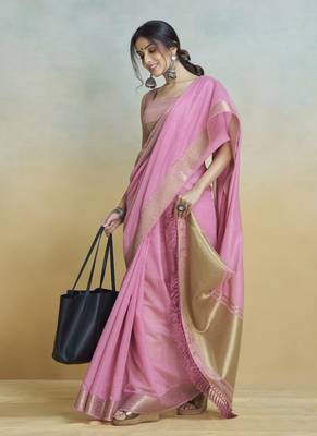 Pink  khadi silk blend saree with tussle  2