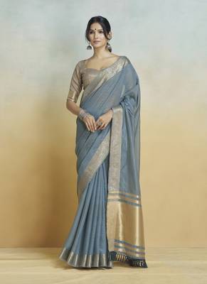 Grey  khadi silk blend saree with tussle  1