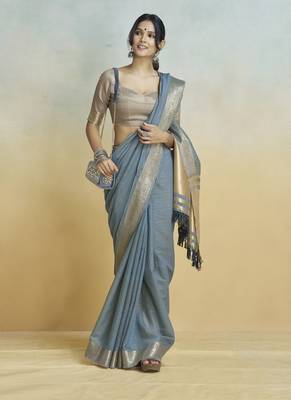Grey  khadi silk blend saree with tussle  2