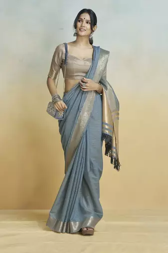Grey  khadi silk blend saree with tussle 
