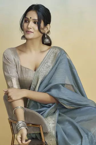 Grey  khadi silk blend saree with tussle 