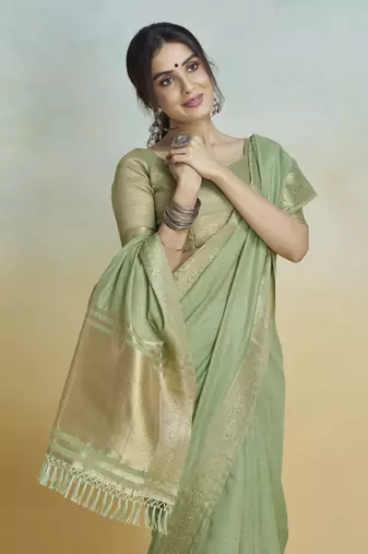 Pista  khadi silk blend saree with tussle 