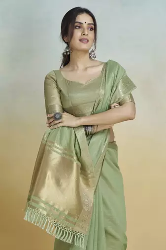 Pista  khadi silk blend saree with tussle 