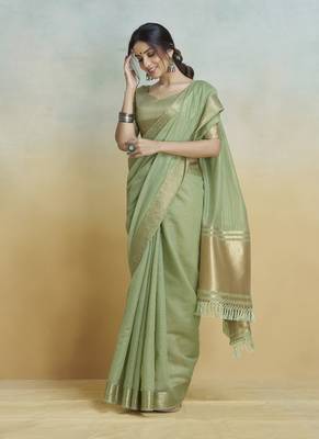 Pista  khadi silk blend saree with tussle  4