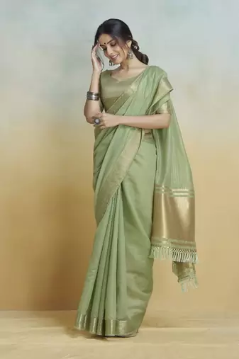Pista  khadi silk blend saree with tussle 