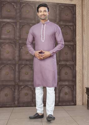 Pink art silk long kurta with cotton payjama for mens wear 1