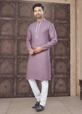 Pink art silk long kurta with cotton payjama for mens wear 2