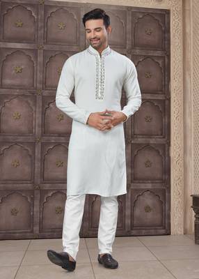 Off white art silk long kurta with cotton payjama for mens wear 1