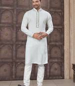 Off white art silk long kurta with cotton payjama for mens wear