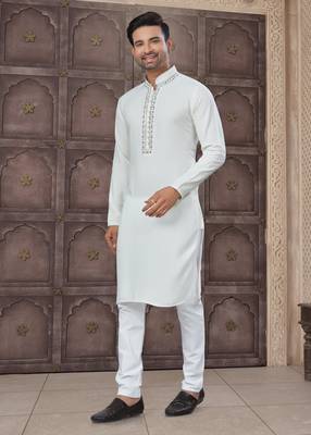 Off white art silk long kurta with cotton payjama for mens wear 2